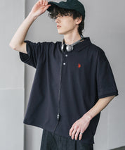 新色追加 U.S. POLO ASSN. 別注コラボ オーバーサイズワンポイントロゴ刺繍天竺半袖ポロシャツ 無地/ラインリブ 15425