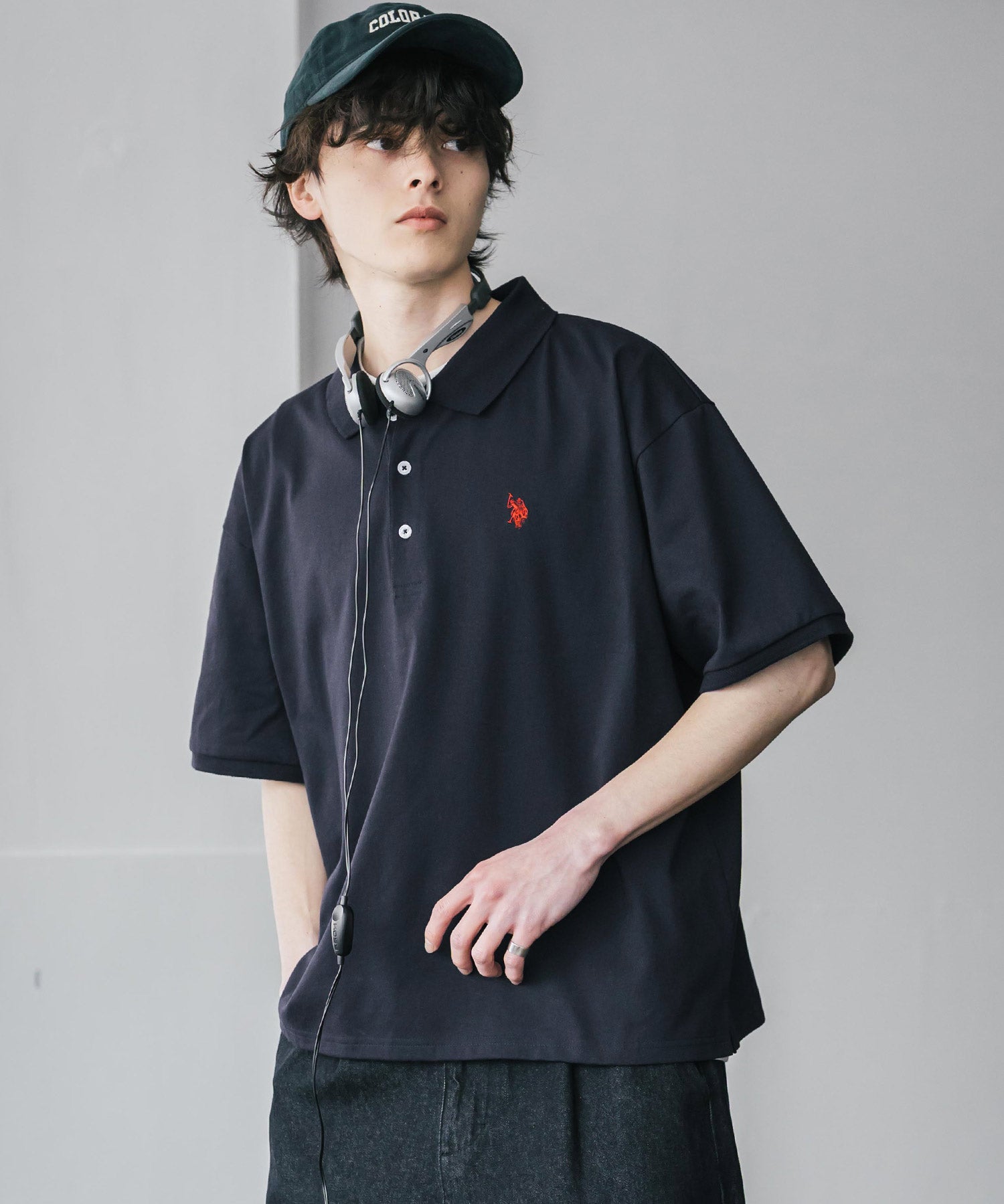 新色追加 U.S. POLO ASSN. 別注コラボ オーバーサイズワンポイントロゴ刺繍天竺半袖ポロシャツ 無地/ラインリブ 15425