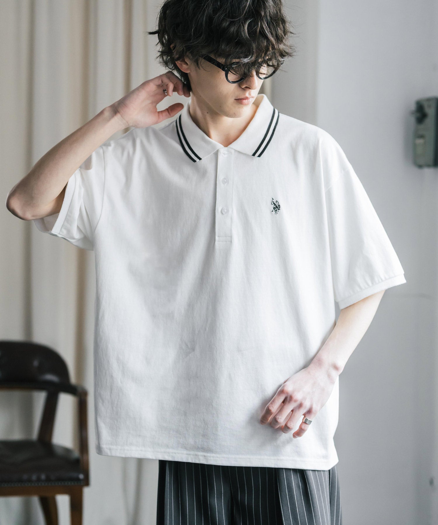 新色追加 U.S. POLO ASSN. 別注コラボ オーバーサイズワンポイントロゴ刺繍天竺半袖ポロシャツ 無地/ラインリブ 15425