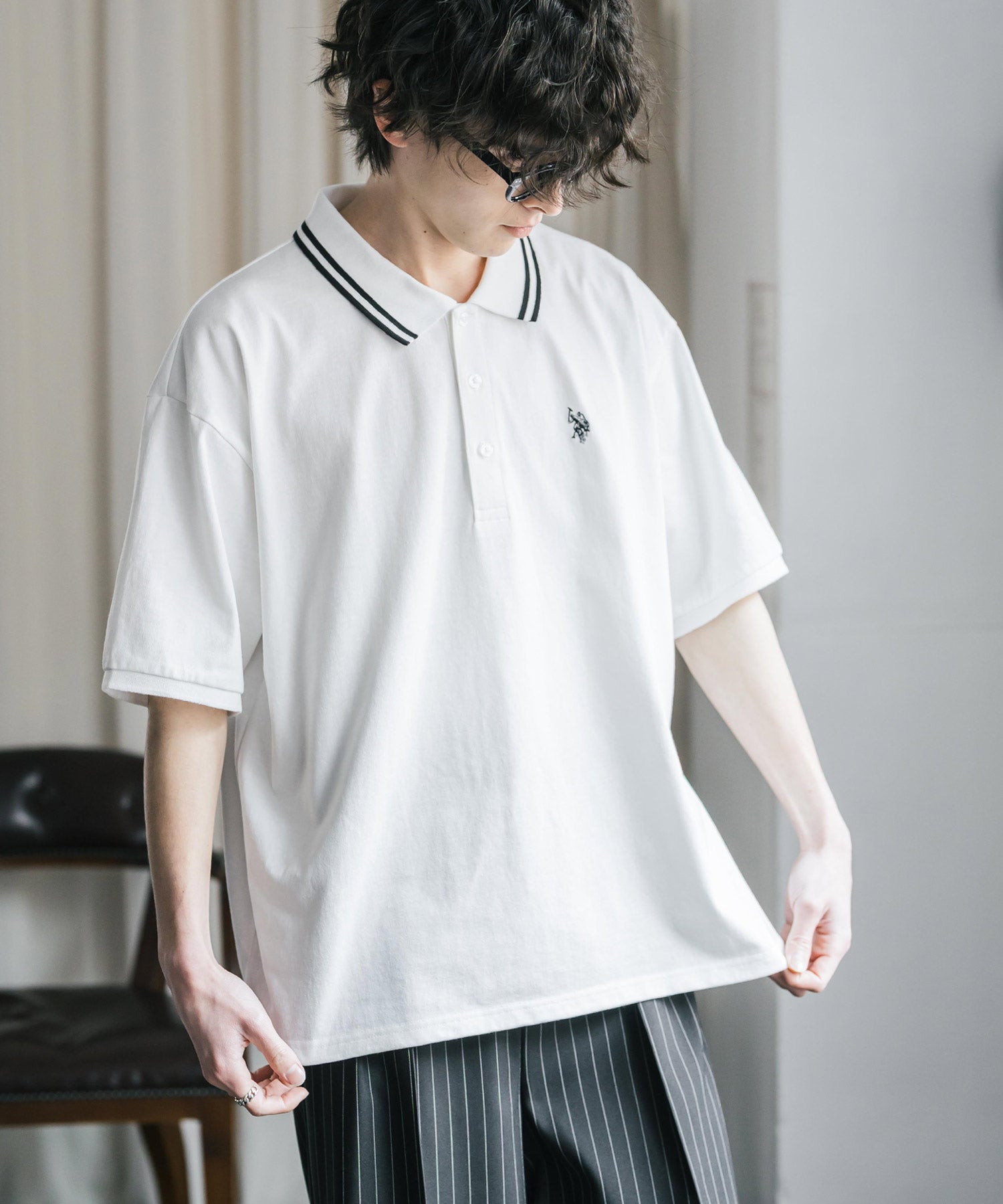 新色追加 U.S. POLO ASSN. 別注コラボ オーバーサイズワンポイントロゴ刺繍天竺半袖ポロシャツ 無地/ラインリブ 15425