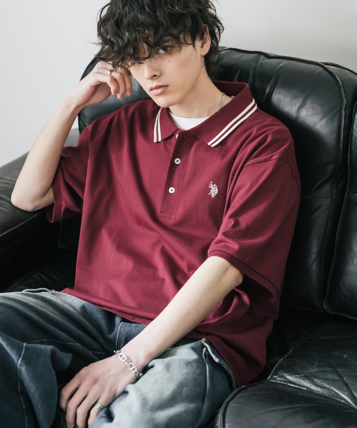 新色追加 U.S. POLO ASSN. 別注コラボ オーバーサイズワンポイントロゴ刺繍天竺半袖ポロシャツ 無地/ラインリブ 15425