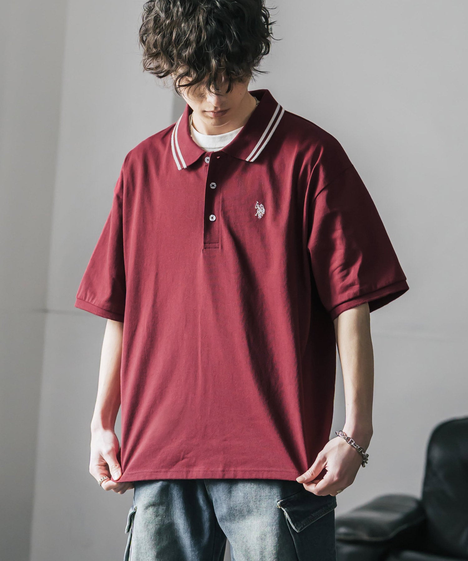 新色追加 U.S. POLO ASSN. 別注コラボ オーバーサイズワンポイントロゴ刺繍天竺半袖ポロシャツ 無地/ラインリブ 15425