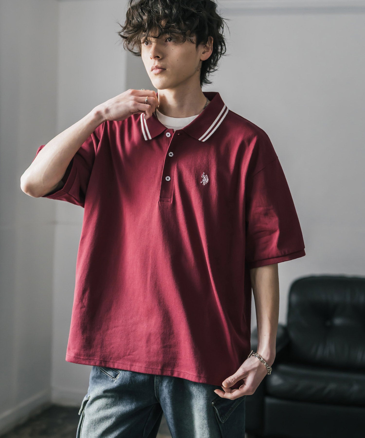 新色追加 U.S. POLO ASSN. 別注コラボ オーバーサイズワンポイントロゴ刺繍天竺半袖ポロシャツ 無地/ラインリブ 15425