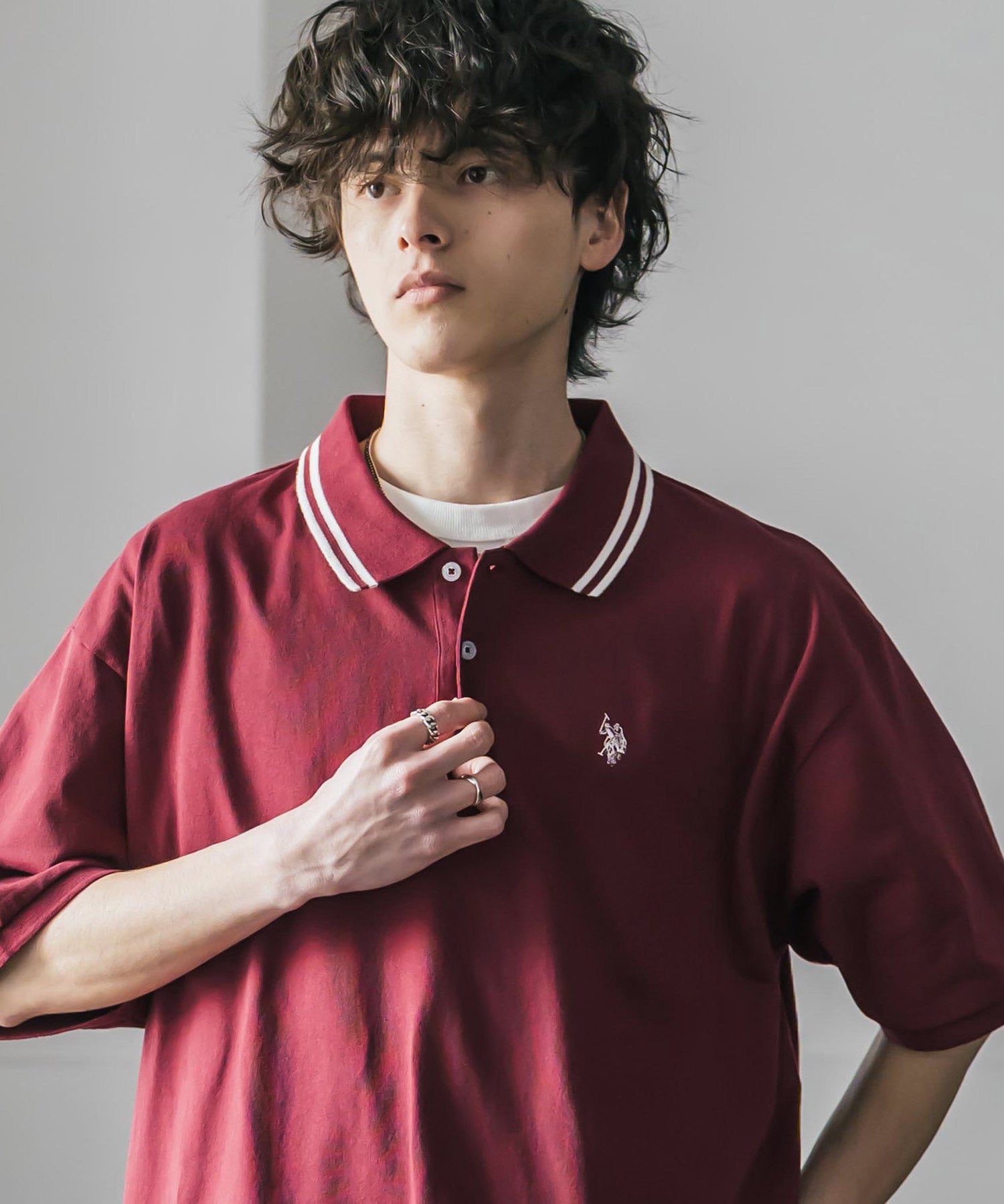 新色追加 U.S. POLO ASSN. 別注コラボ オーバーサイズワンポイントロゴ刺繍天竺半袖ポロシャツ 無地/ラインリブ 15425