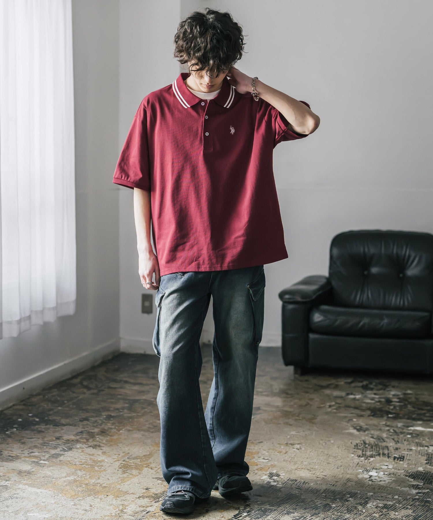 新色追加 U.S. POLO ASSN. 別注コラボ オーバーサイズワンポイントロゴ刺繍天竺半袖ポロシャツ 無地/ラインリブ 15425