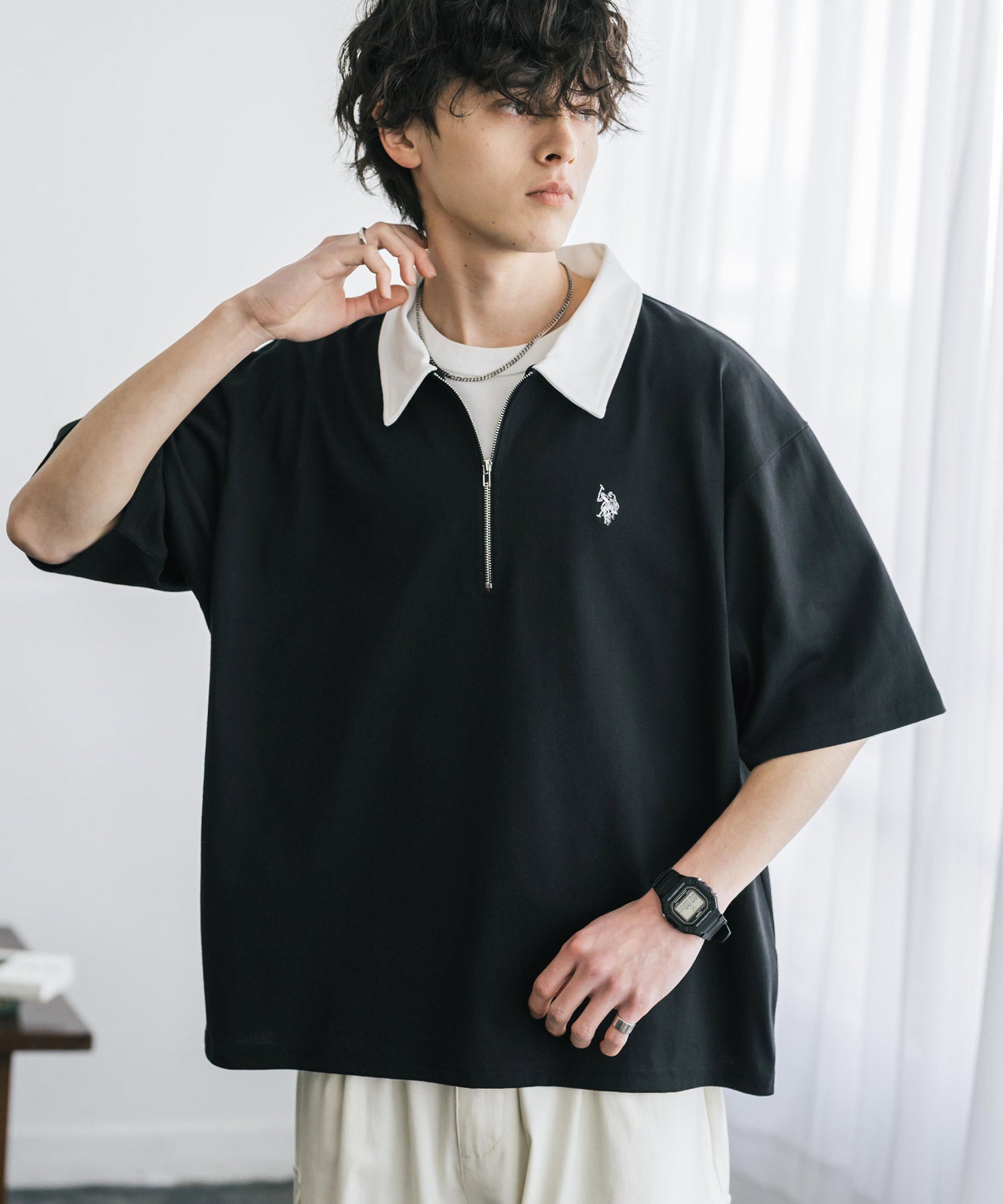 新色追加 U.S. POLO ASSN. 別注コラボオーバーサイズワンポイントロゴ刺繍天竺半袖ハーフジップポロシャツ 無地/クレリック 15426