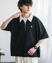 新色追加 U.S. POLO ASSN. 別注コラボオーバーサイズワンポイントロゴ刺繍天竺半袖ハーフジップポロシャツ 無地/クレリック 15426