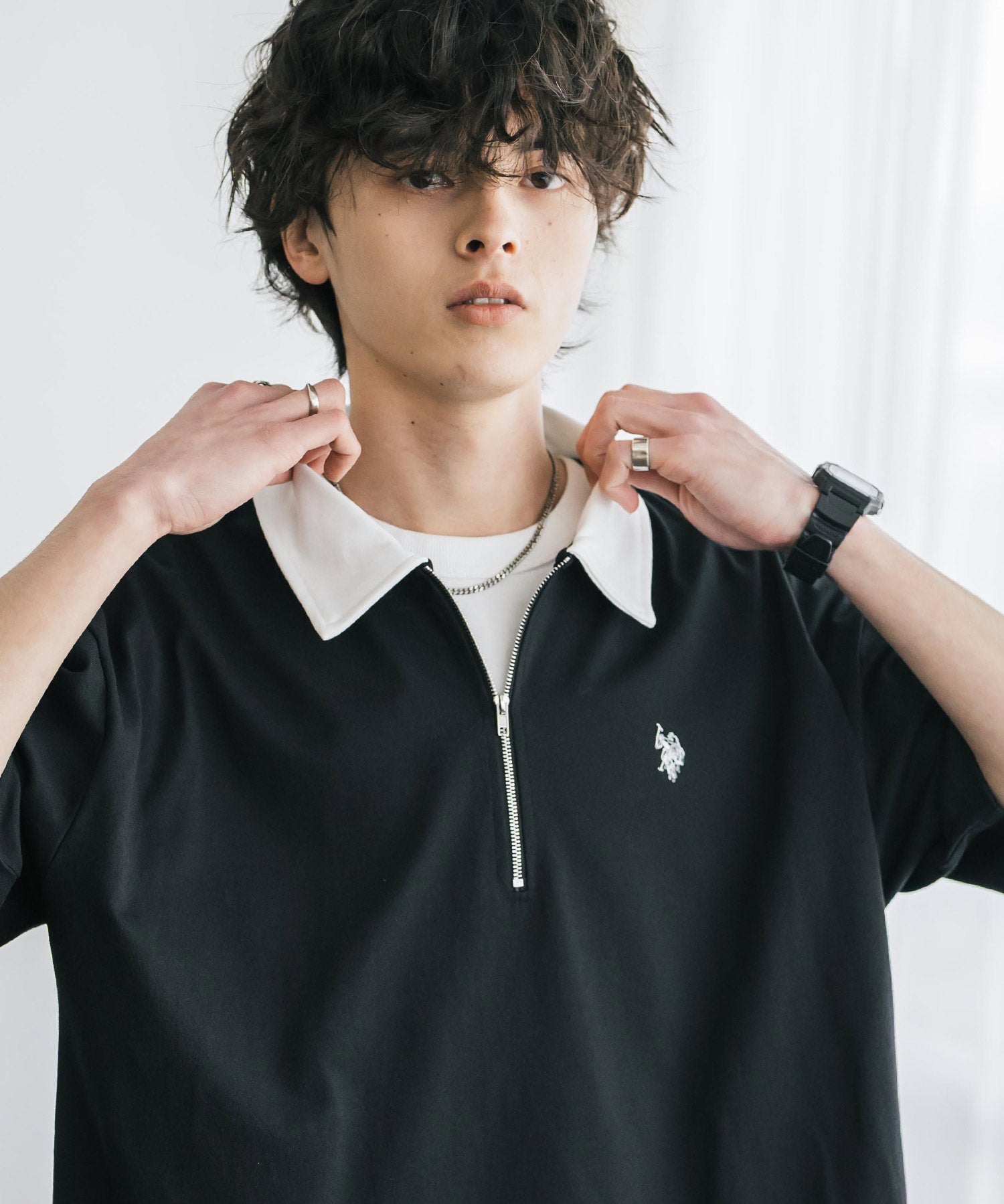 新色追加 U.S. POLO ASSN. 別注コラボオーバーサイズワンポイントロゴ刺繍天竺半袖ハーフジップポロシャツ 無地/クレリック 15426