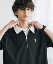 新色追加 U.S. POLO ASSN. 別注コラボオーバーサイズワンポイントロゴ刺繍天竺半袖ハーフジップポロシャツ 無地/クレリック 15426