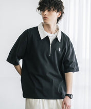 新色追加 U.S. POLO ASSN. 別注コラボオーバーサイズワンポイントロゴ刺繍天竺半袖ハーフジップポロシャツ 無地/クレリック 15426
