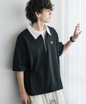 新色追加 U.S. POLO ASSN. 別注コラボオーバーサイズワンポイントロゴ刺繍天竺半袖ハーフジップポロシャツ 無地/クレリック 15426