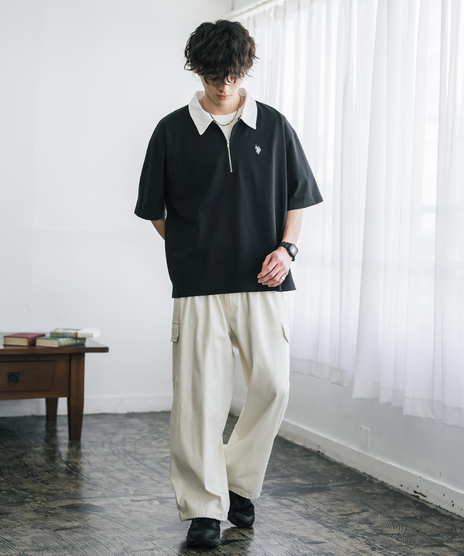 新色追加 U.S. POLO ASSN. 別注コラボオーバーサイズワンポイントロゴ刺繍天竺半袖ハーフジップポロシャツ 無地/クレリック 15426