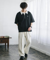 新色追加 U.S. POLO ASSN. 別注コラボオーバーサイズワンポイントロゴ刺繍天竺半袖ハーフジップポロシャツ 無地/クレリック 15426