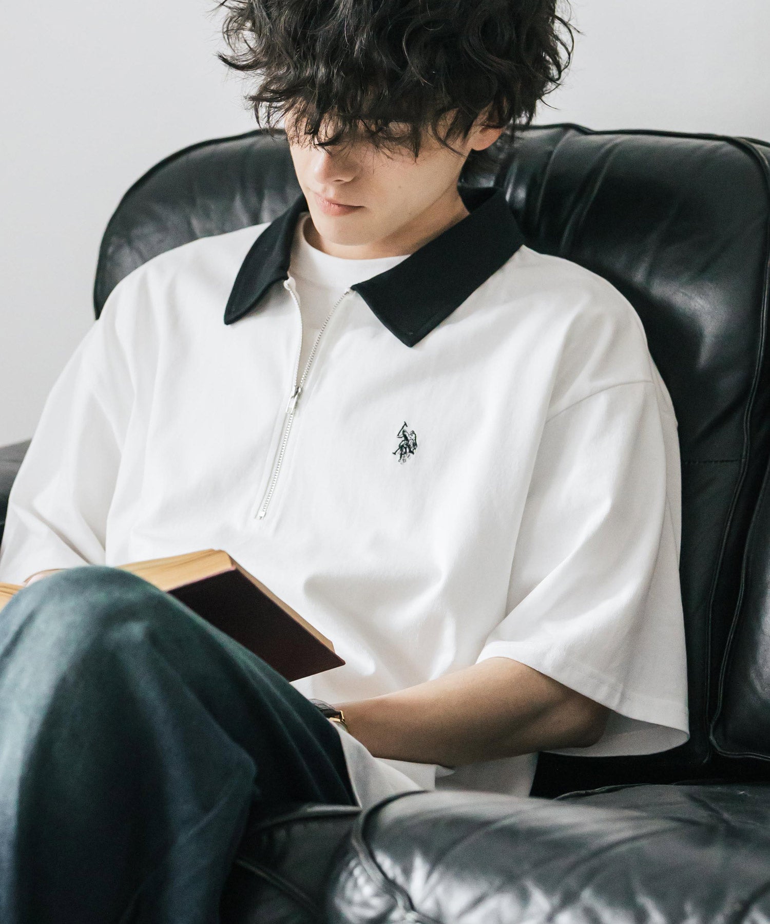 新色追加 U.S. POLO ASSN. 別注コラボオーバーサイズワンポイントロゴ刺繍天竺半袖ハーフジップポロシャツ 無地/クレリック 15426