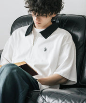 新色追加 U.S. POLO ASSN. 別注コラボオーバーサイズワンポイントロゴ刺繍天竺半袖ハーフジップポロシャツ 無地/クレリック 15426