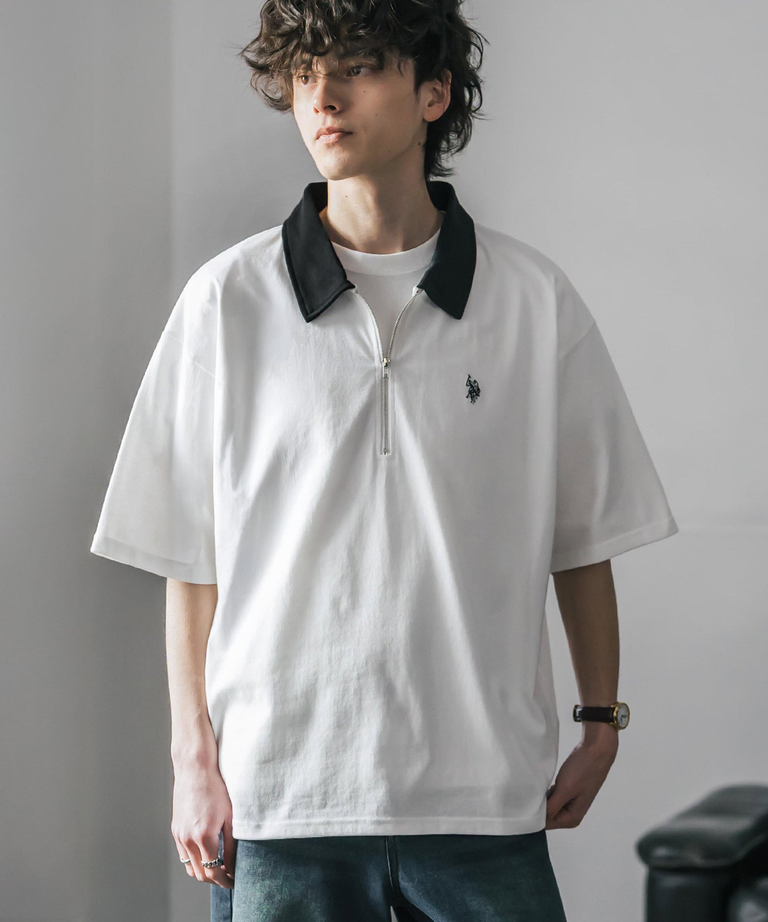 新色追加 U.S. POLO ASSN. 別注コラボオーバーサイズワンポイントロゴ刺繍天竺半袖ハーフジップポロシャツ 無地/クレリック 15426