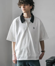 新色追加 U.S. POLO ASSN. 別注コラボオーバーサイズワンポイントロゴ刺繍天竺半袖ハーフジップポロシャツ 無地/クレリック 15426