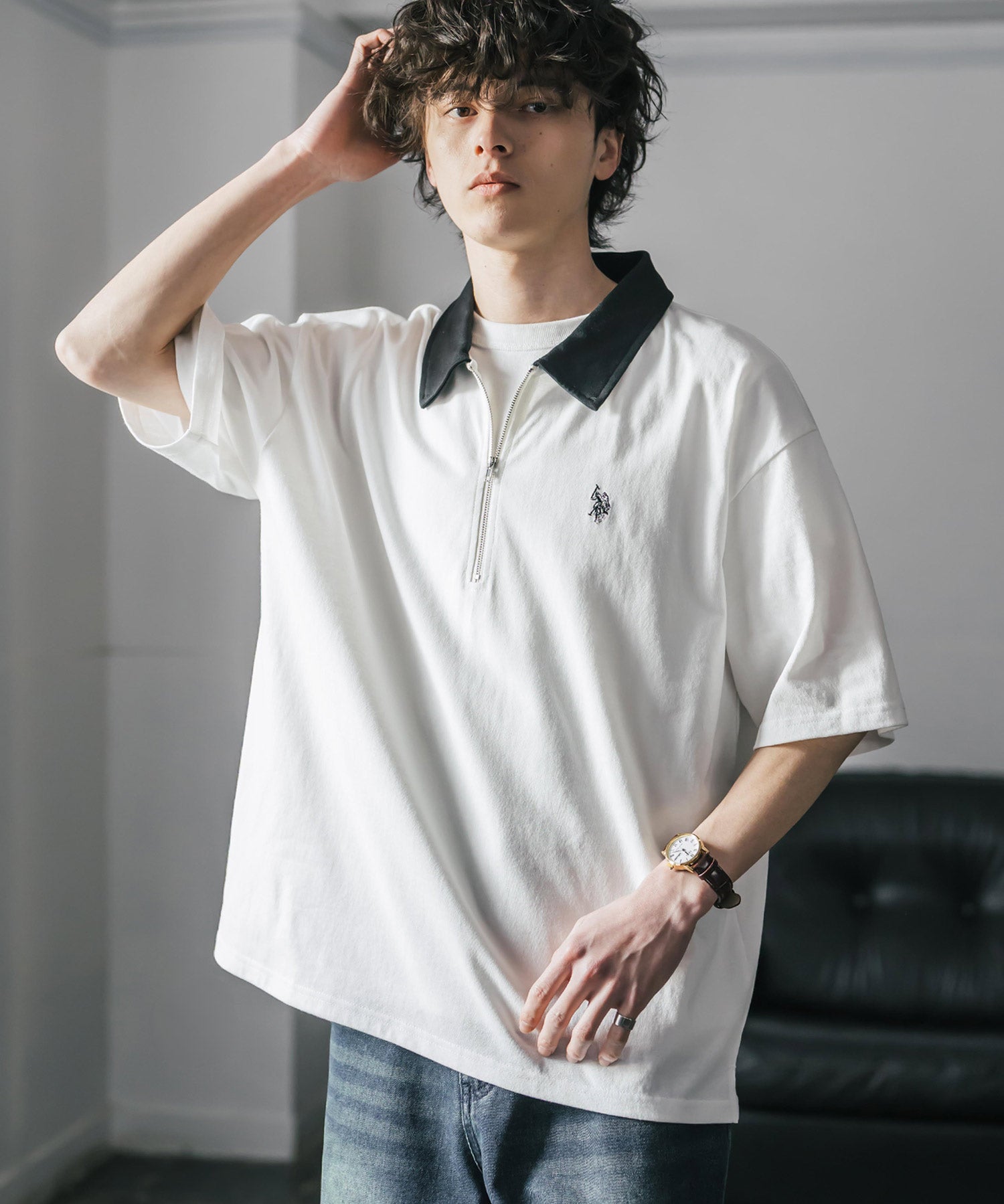 新色追加 U.S. POLO ASSN. 別注コラボオーバーサイズワンポイントロゴ刺繍天竺半袖ハーフジップポロシャツ 無地/クレリック 15426