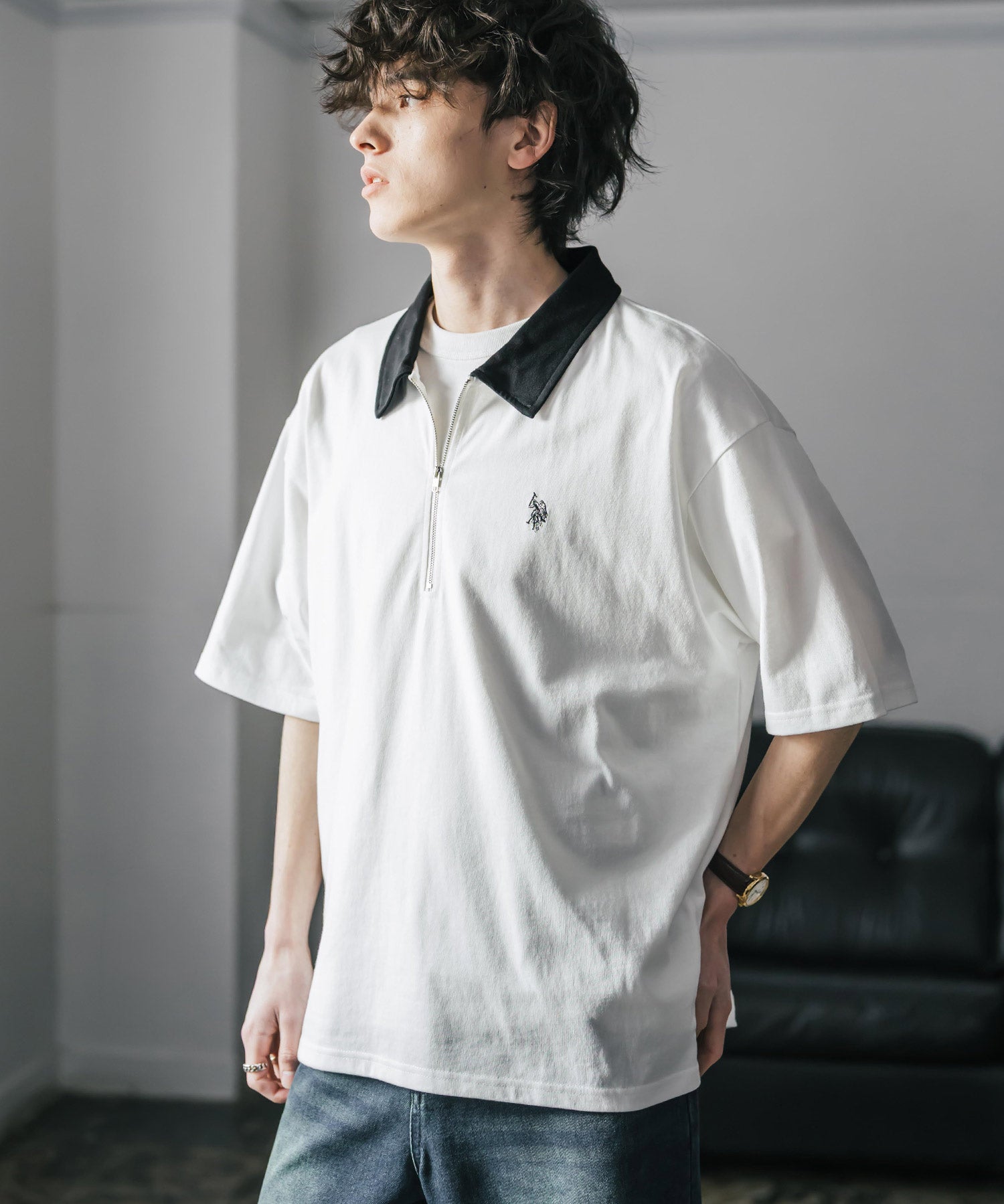 新色追加 U.S. POLO ASSN. 別注コラボオーバーサイズワンポイントロゴ刺繍天竺半袖ハーフジップポロシャツ 無地/クレリック 15426