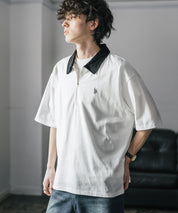 新色追加 U.S. POLO ASSN. 別注コラボオーバーサイズワンポイントロゴ刺繍天竺半袖ハーフジップポロシャツ 無地/クレリック 15426