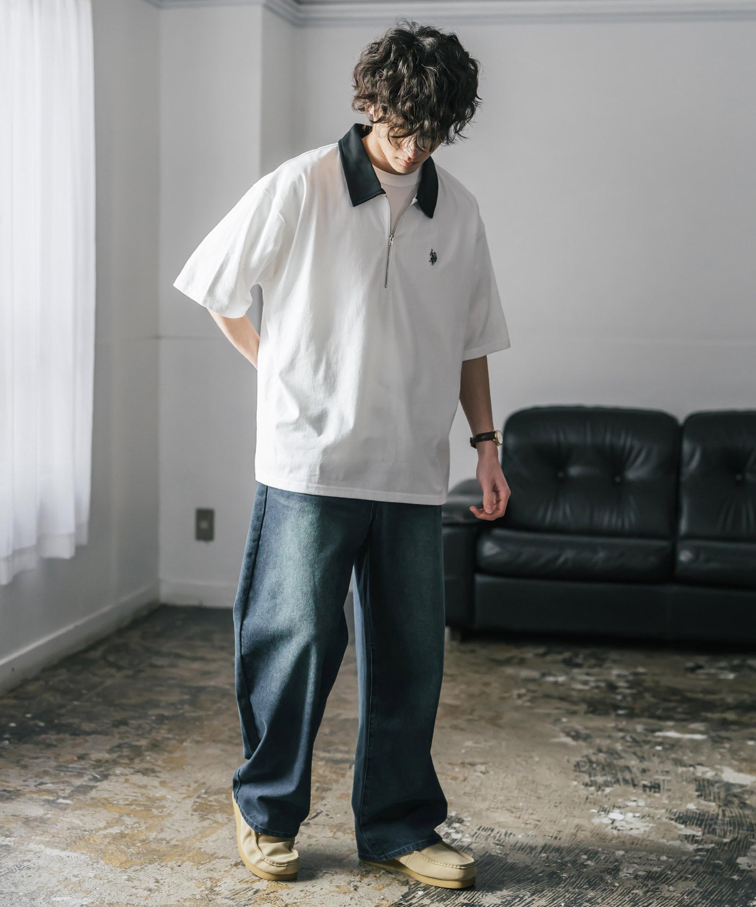 新色追加 U.S. POLO ASSN. 別注コラボオーバーサイズワンポイントロゴ刺繍天竺半袖ハーフジップポロシャツ 無地/クレリック 15426