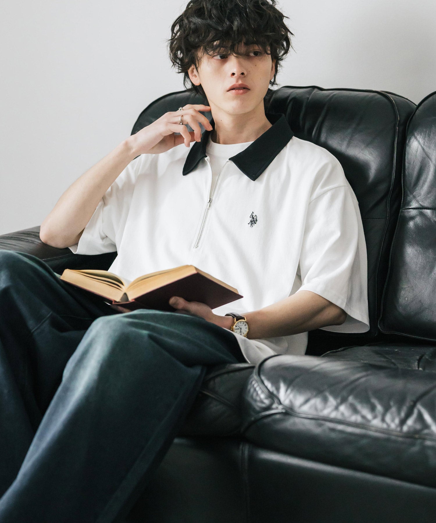 新色追加 U.S. POLO ASSN. 別注コラボオーバーサイズワンポイントロゴ刺繍天竺半袖ハーフジップポロシャツ 無地/クレリック 15426