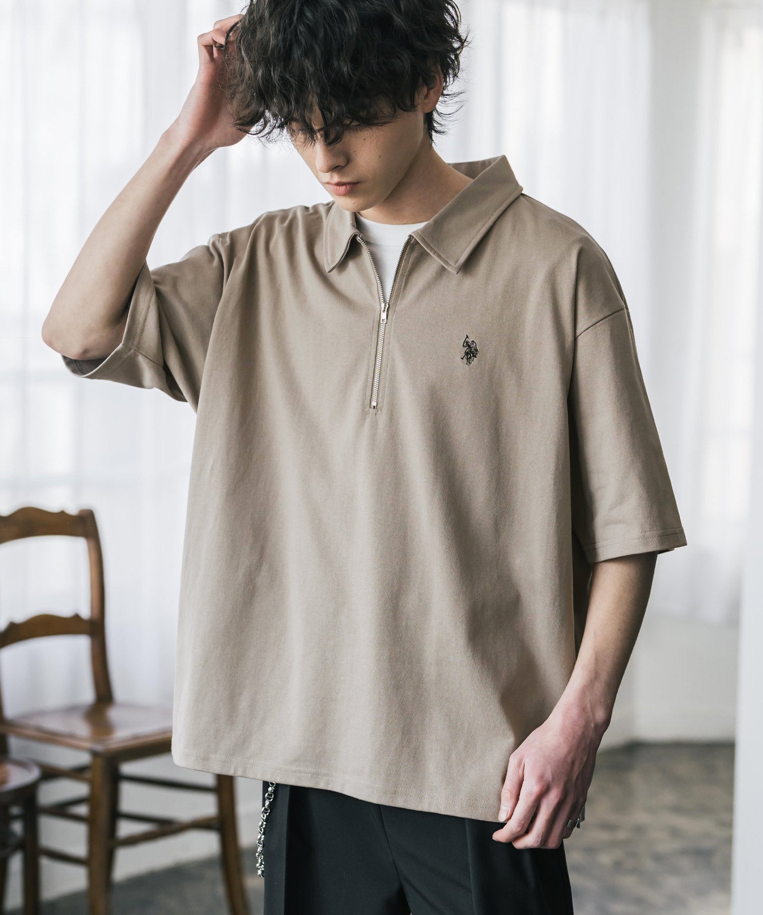 新色追加 U.S. POLO ASSN. 別注コラボオーバーサイズワンポイントロゴ刺繍天竺半袖ハーフジップポロシャツ 無地/クレリック 15426