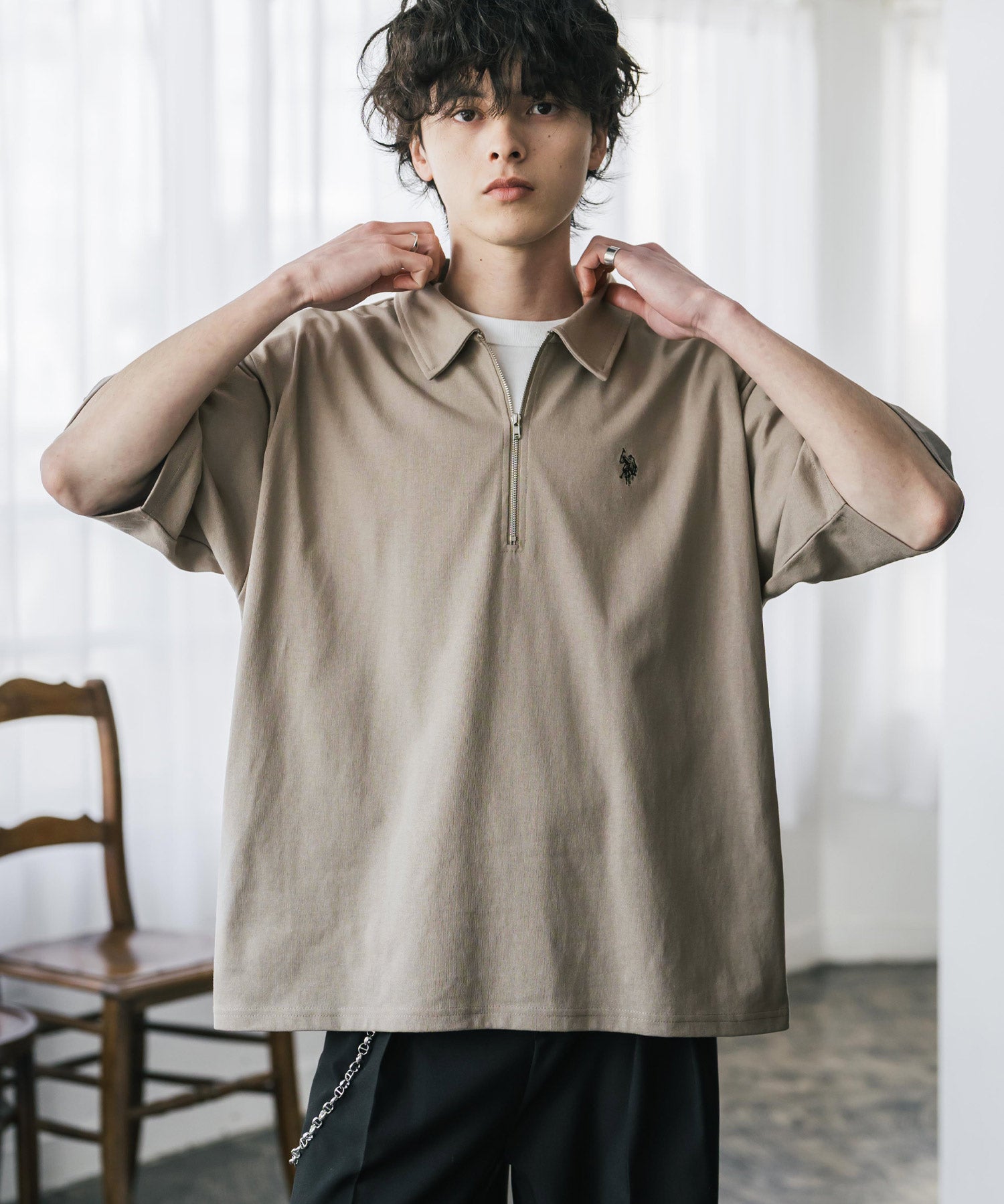 新色追加 U.S. POLO ASSN. 別注コラボオーバーサイズワンポイントロゴ刺繍天竺半袖ハーフジップポロシャツ 無地/クレリック 15426