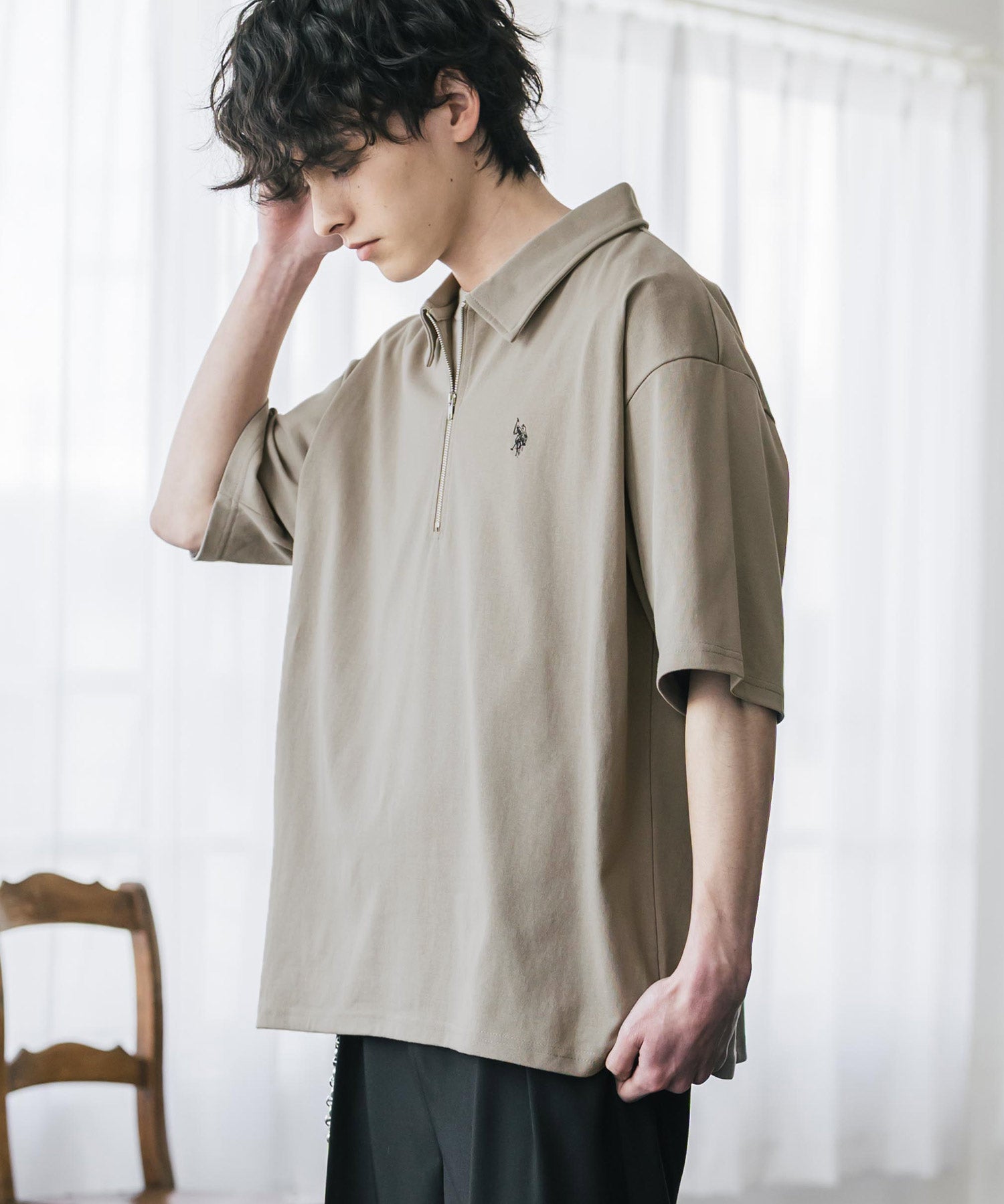 新色追加 U.S. POLO ASSN. 別注コラボオーバーサイズワンポイントロゴ刺繍天竺半袖ハーフジップポロシャツ 無地/クレリック 15426