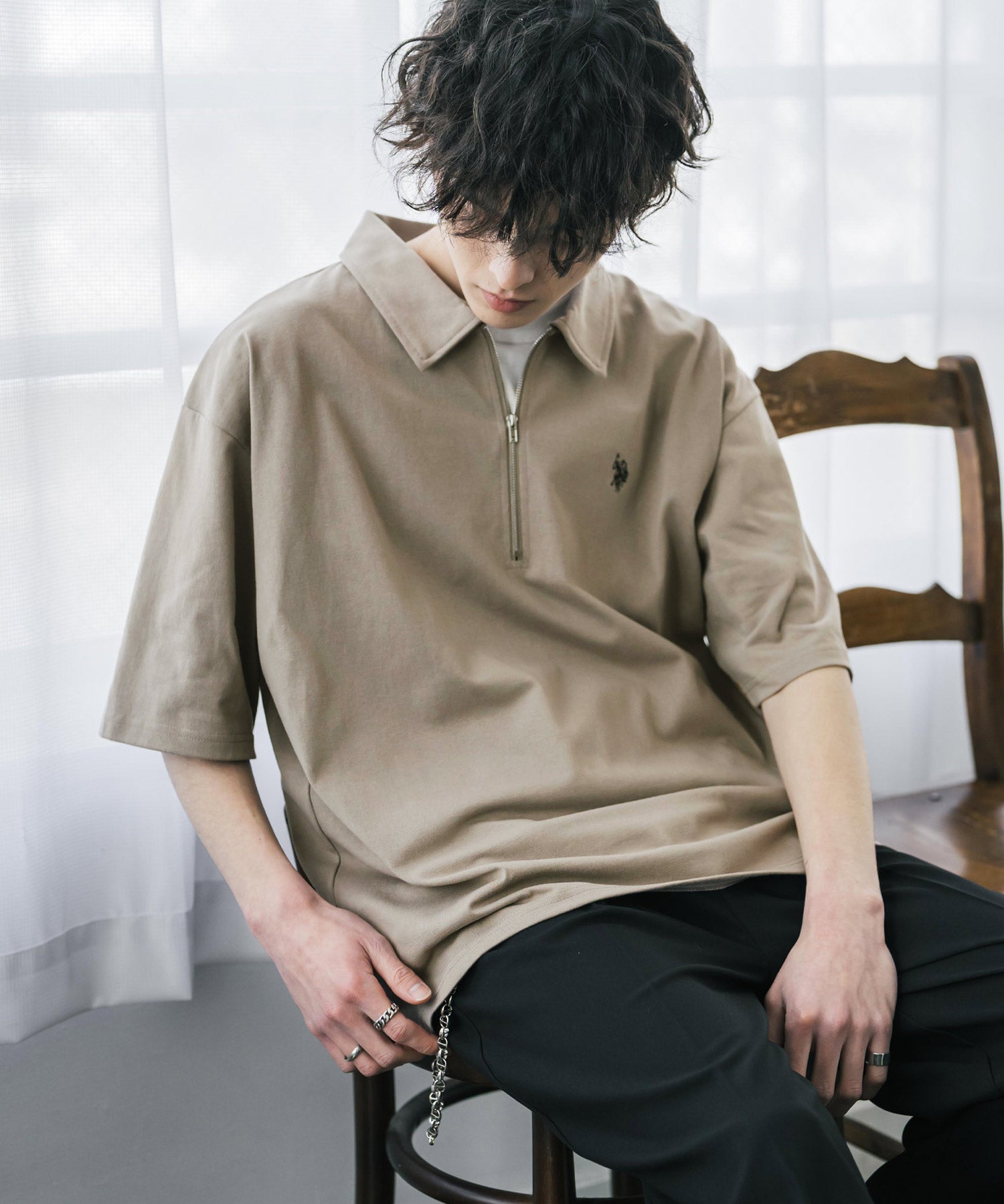 新色追加 U.S. POLO ASSN. 別注コラボオーバーサイズワンポイントロゴ刺繍天竺半袖ハーフジップポロシャツ 無地/クレリック 15426