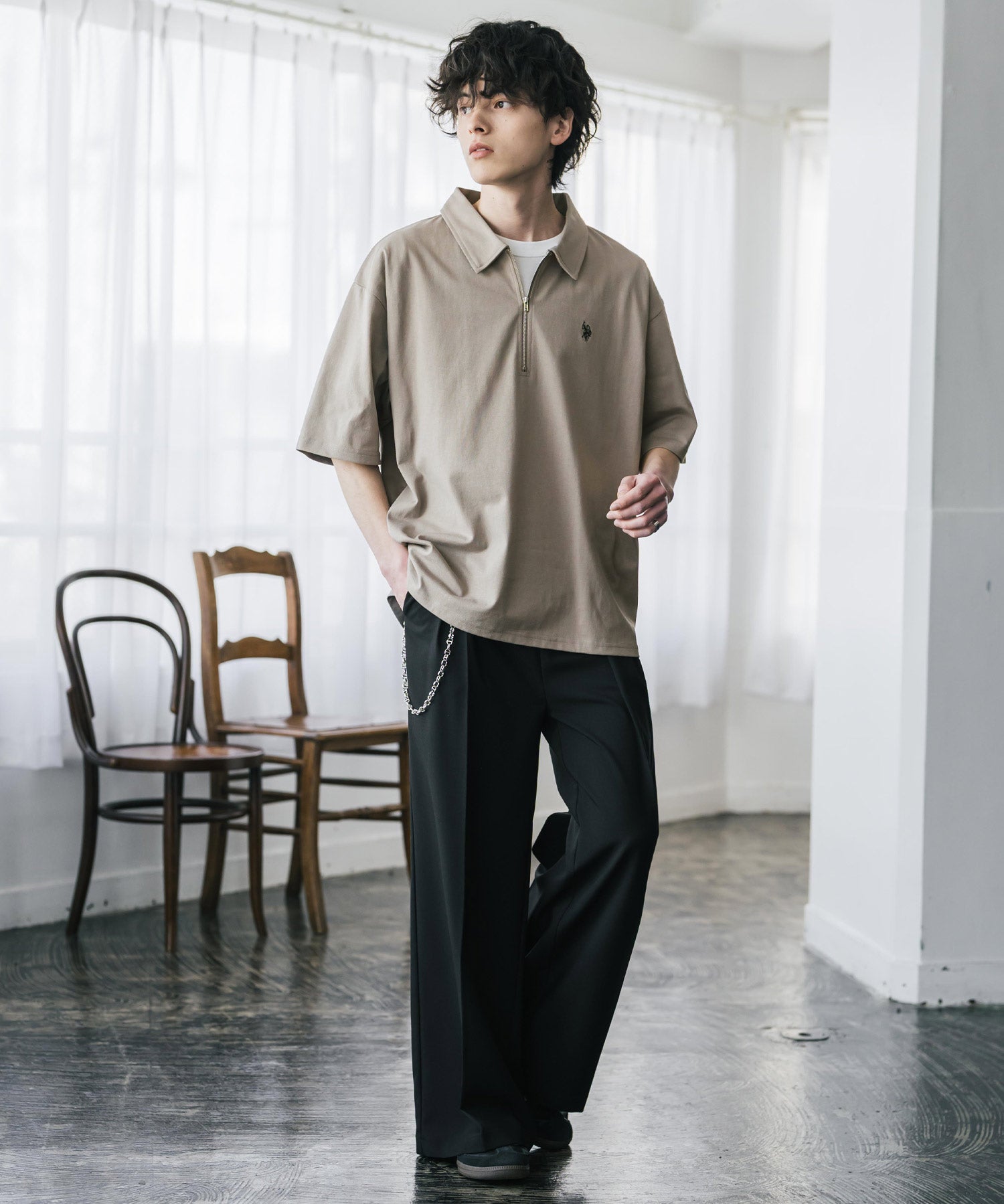 新色追加 U.S. POLO ASSN. 別注コラボオーバーサイズワンポイントロゴ刺繍天竺半袖ハーフジップポロシャツ 無地/クレリック 15426