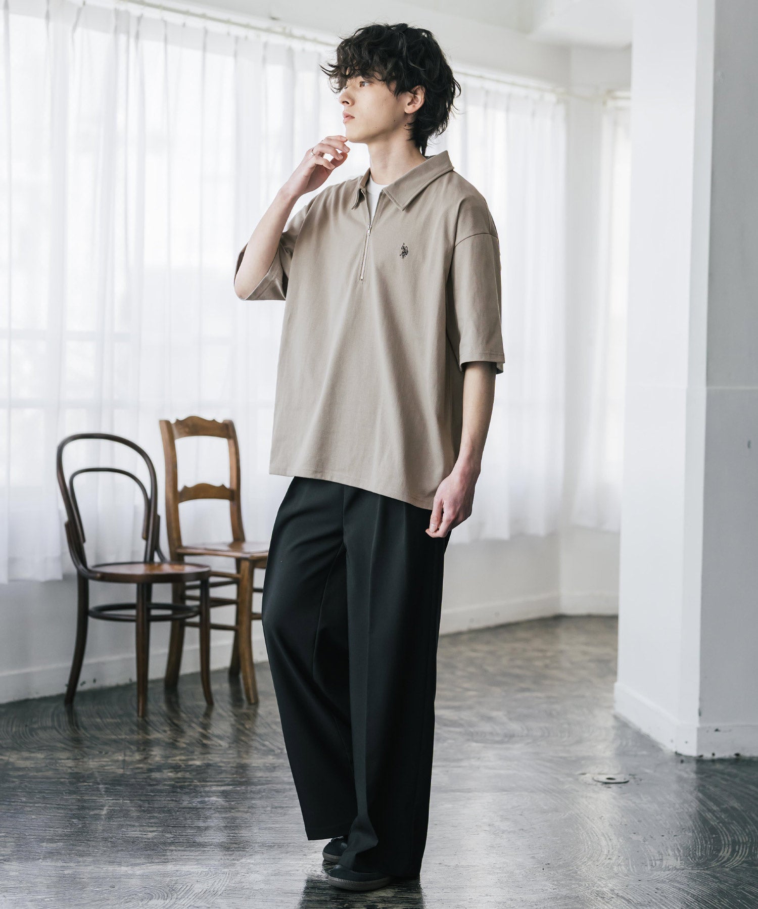 新色追加 U.S. POLO ASSN. 別注コラボオーバーサイズワンポイントロゴ刺繍天竺半袖ハーフジップポロシャツ 無地/クレリック 15426