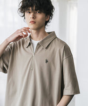 新色追加 U.S. POLO ASSN. 別注コラボオーバーサイズワンポイントロゴ刺繍天竺半袖ハーフジップポロシャツ 無地/クレリック 15426
