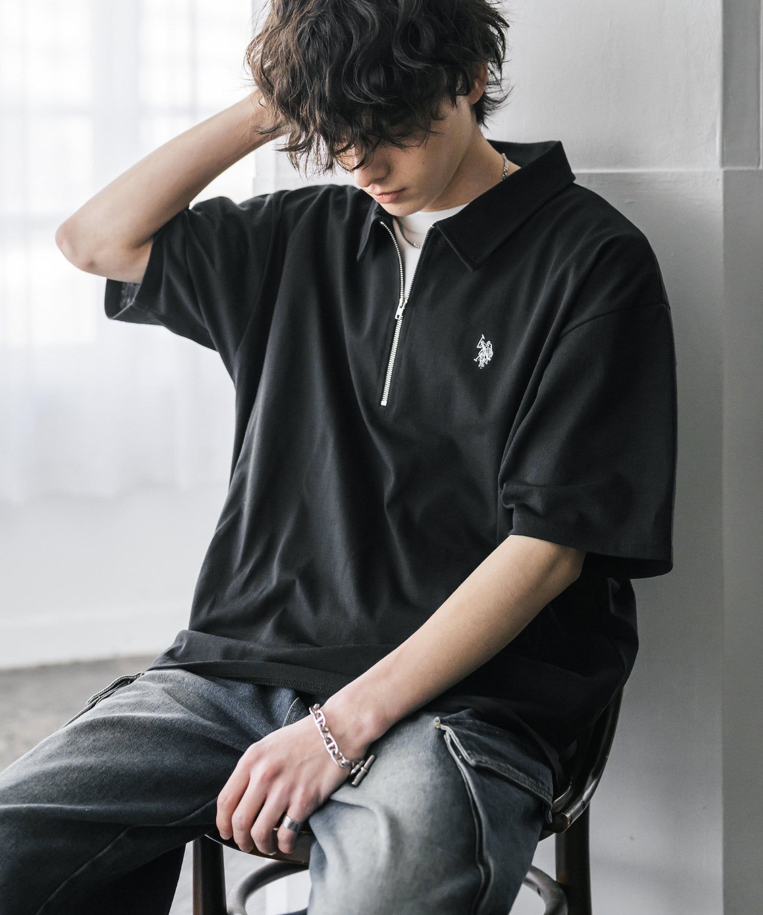 新色追加 U.S. POLO ASSN. 別注コラボオーバーサイズワンポイントロゴ刺繍天竺半袖ハーフジップポロシャツ 無地/クレリック 15426