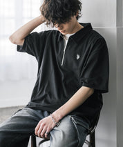 新色追加 U.S. POLO ASSN. 別注コラボオーバーサイズワンポイントロゴ刺繍天竺半袖ハーフジップポロシャツ 無地/クレリック 15426