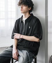 新色追加 U.S. POLO ASSN. 別注コラボオーバーサイズワンポイントロゴ刺繍天竺半袖ハーフジップポロシャツ 無地/クレリック 15426