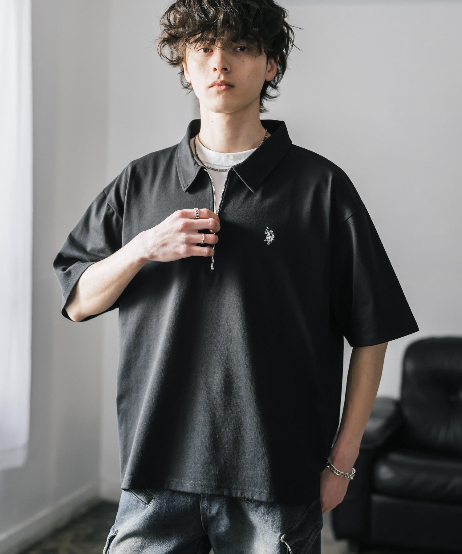 新色追加 U.S. POLO ASSN. 別注コラボオーバーサイズワンポイントロゴ刺繍天竺半袖ハーフジップポロシャツ 無地/クレリック 15426