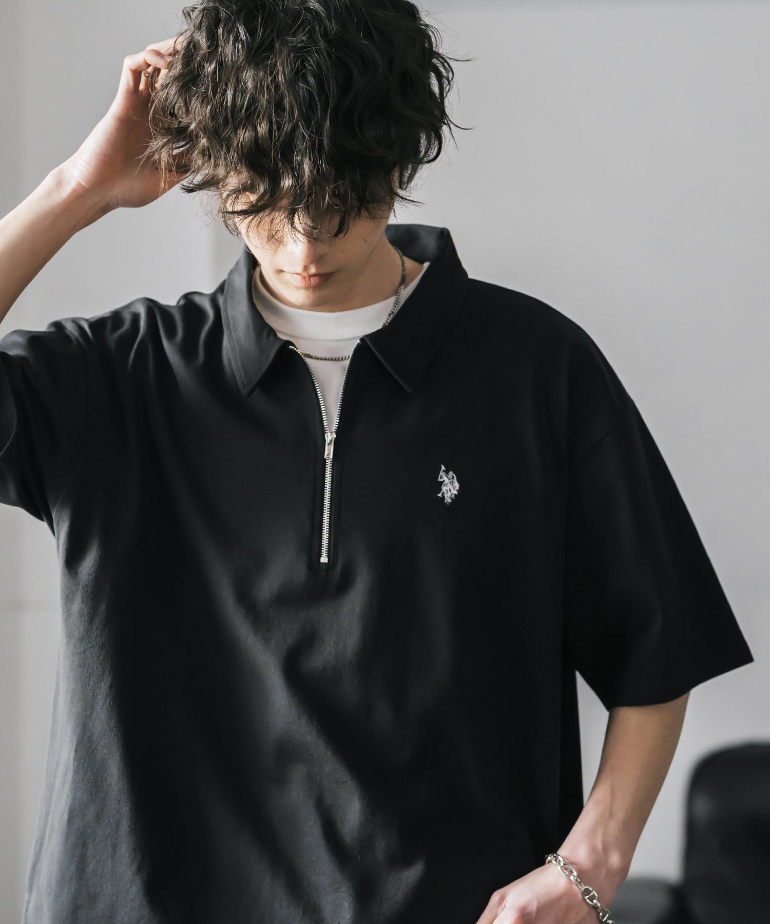 新色追加 U.S. POLO ASSN. 別注コラボオーバーサイズワンポイントロゴ刺繍天竺半袖ハーフジップポロシャツ 無地/クレリック 15426