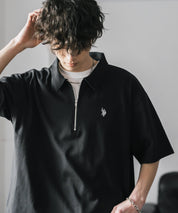 新色追加 U.S. POLO ASSN. 別注コラボオーバーサイズワンポイントロゴ刺繍天竺半袖ハーフジップポロシャツ 無地/クレリック 15426
