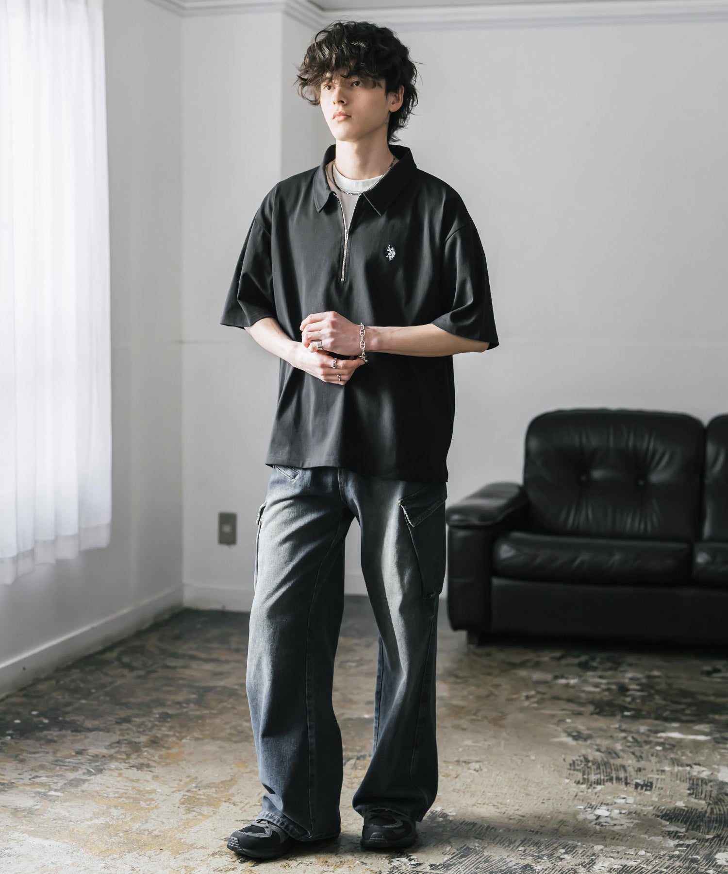 新色追加 U.S. POLO ASSN. 別注コラボオーバーサイズワンポイントロゴ刺繍天竺半袖ハーフジップポロシャツ 無地/クレリック 15426