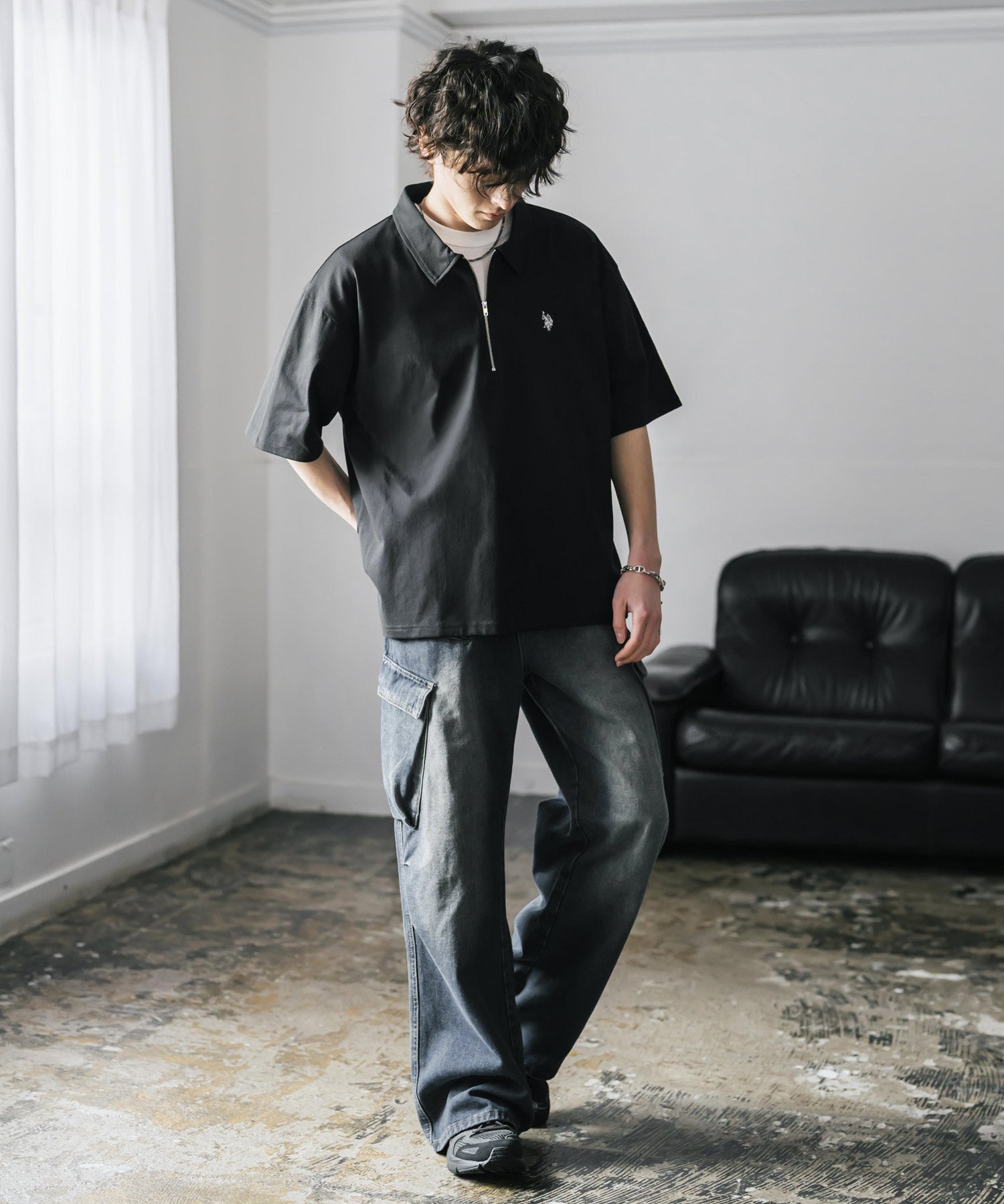 新色追加 U.S. POLO ASSN. 別注コラボオーバーサイズワンポイントロゴ刺繍天竺半袖ハーフジップポロシャツ 無地/クレリック 15426