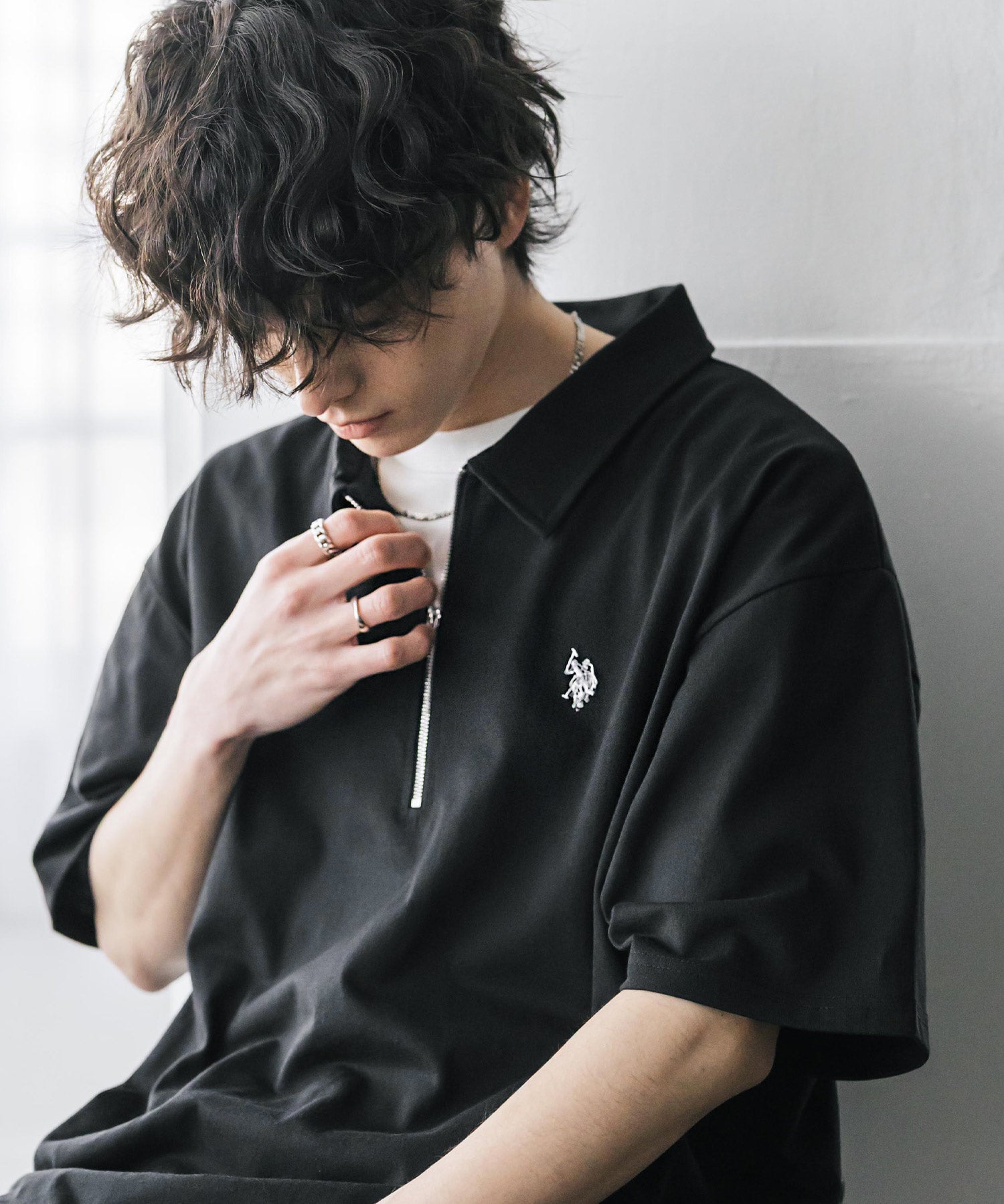 新色追加 U.S. POLO ASSN. 別注コラボオーバーサイズワンポイントロゴ刺繍天竺半袖ハーフジップポロシャツ 無地/クレリック 15426