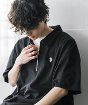 新色追加 U.S. POLO ASSN. 別注コラボオーバーサイズワンポイントロゴ刺繍天竺半袖ハーフジップポロシャツ 無地/クレリック 15426