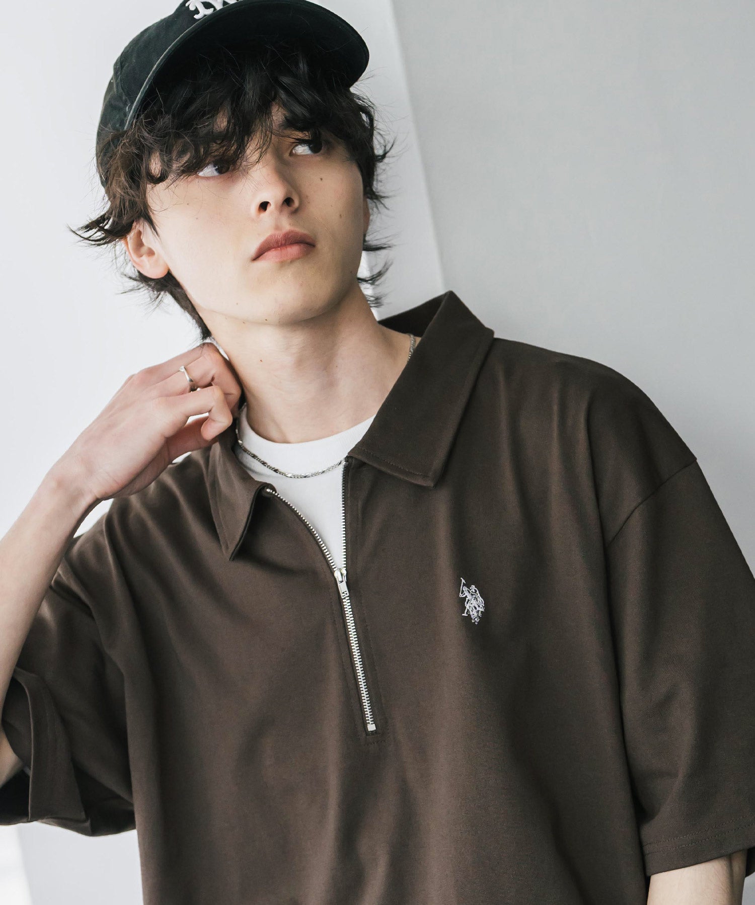 新色追加 U.S. POLO ASSN. 別注コラボオーバーサイズワンポイントロゴ刺繍天竺半袖ハーフジップポロシャツ 無地/クレリック 15426