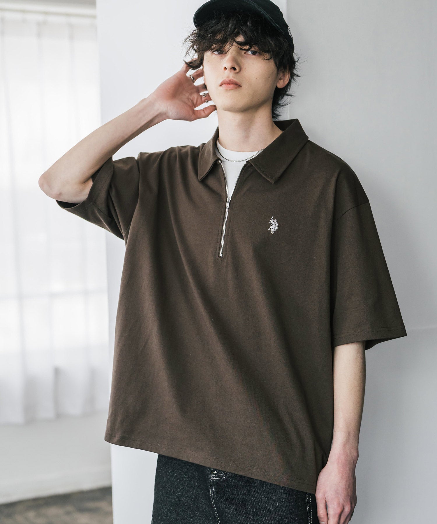 新色追加 U.S. POLO ASSN. 別注コラボオーバーサイズワンポイントロゴ刺繍天竺半袖ハーフジップポロシャツ 無地/クレリック 15426