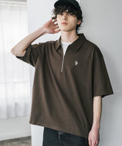 新色追加 U.S. POLO ASSN. 別注コラボオーバーサイズワンポイントロゴ刺繍天竺半袖ハーフジップポロシャツ 無地/クレリック 15426