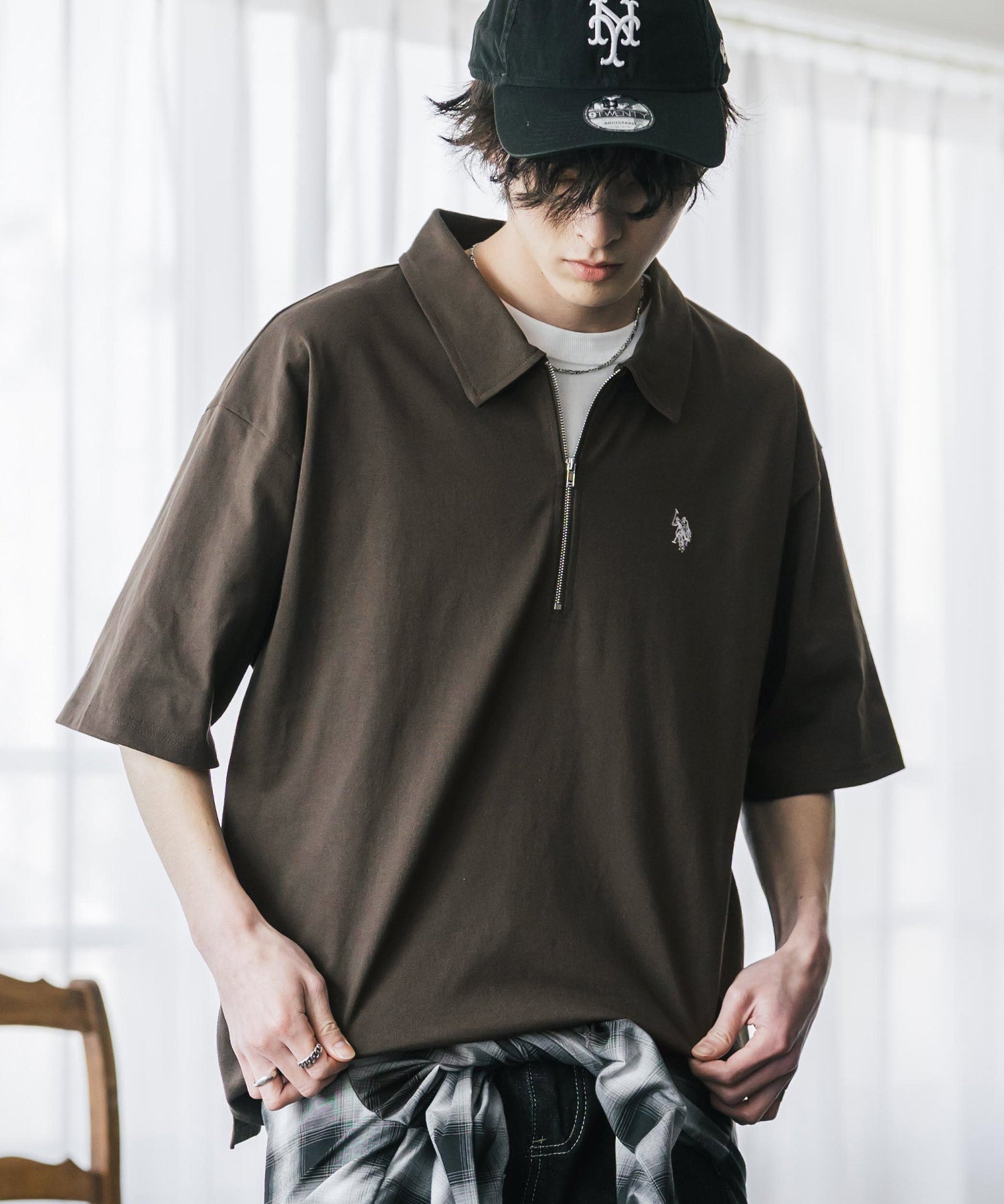 新色追加 U.S. POLO ASSN. 別注コラボオーバーサイズワンポイントロゴ刺繍天竺半袖ハーフジップポロシャツ 無地/クレリック 15426