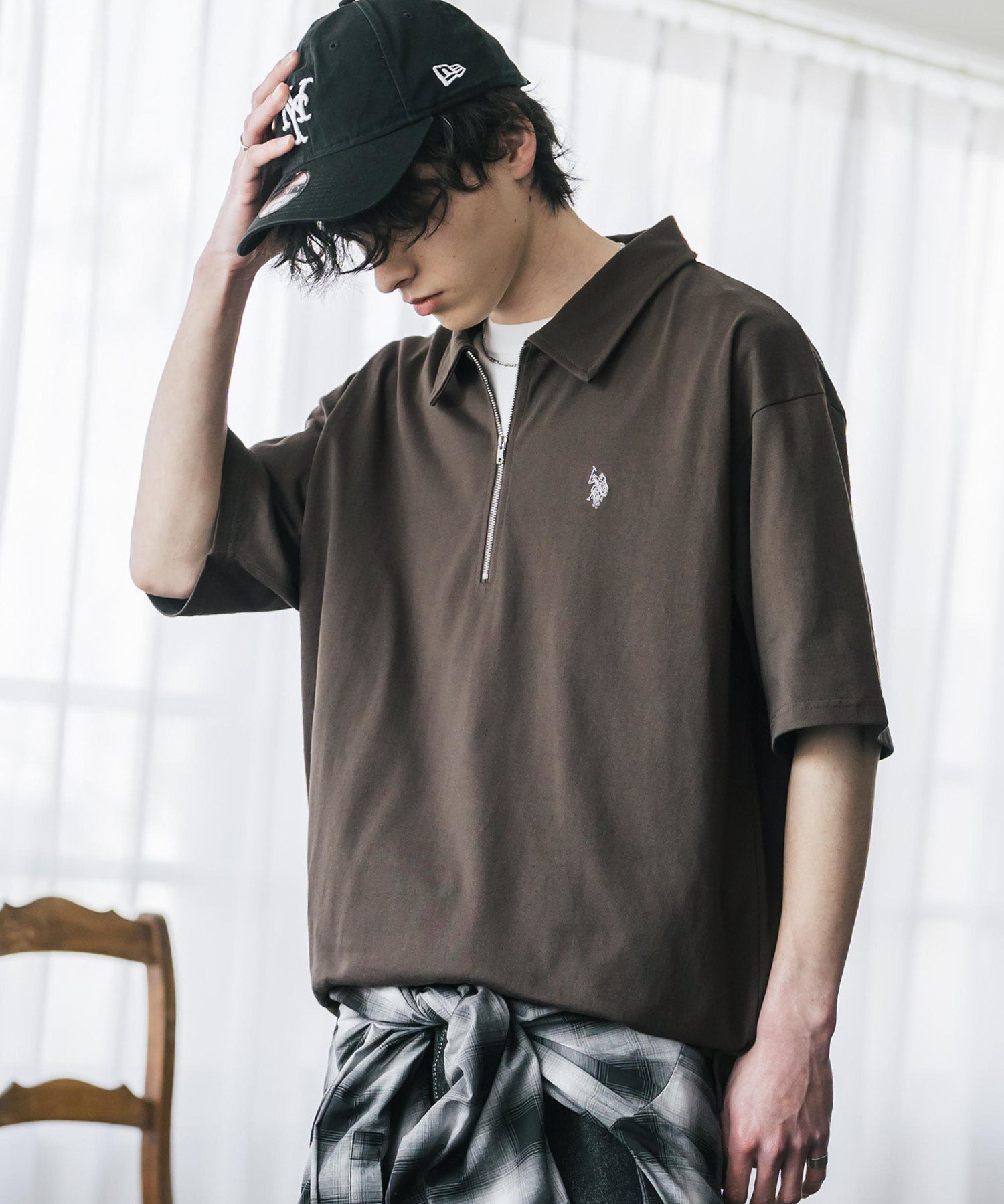 新色追加 U.S. POLO ASSN. 別注コラボオーバーサイズワンポイントロゴ刺繍天竺半袖ハーフジップポロシャツ 無地/クレリック 15426