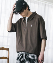 新色追加 U.S. POLO ASSN. 別注コラボオーバーサイズワンポイントロゴ刺繍天竺半袖ハーフジップポロシャツ 無地/クレリック 15426