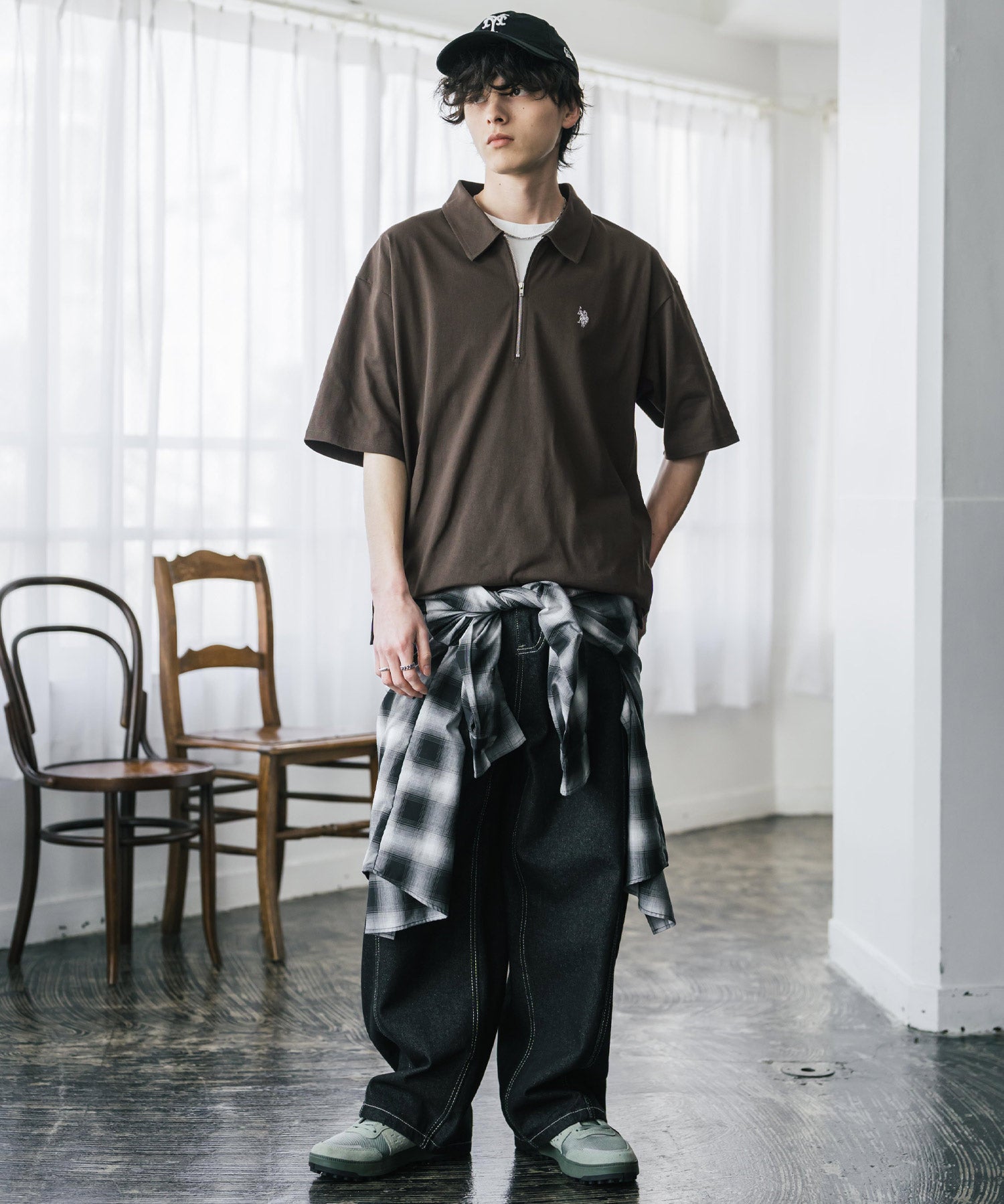 新色追加 U.S. POLO ASSN. 別注コラボオーバーサイズワンポイントロゴ刺繍天竺半袖ハーフジップポロシャツ 無地/クレリック 15426